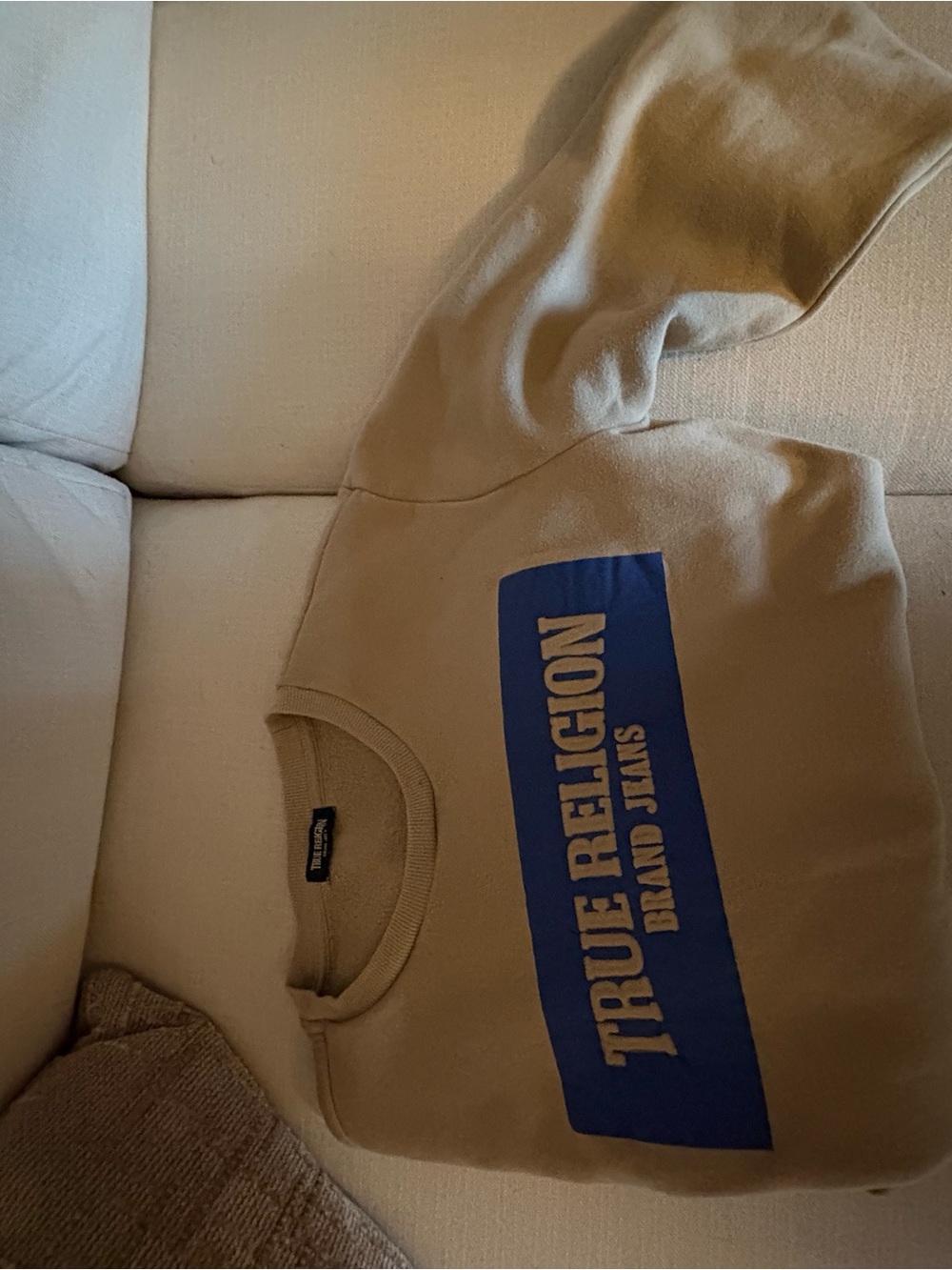 True Religion Beige Sweatshirt with Blue Logo Block